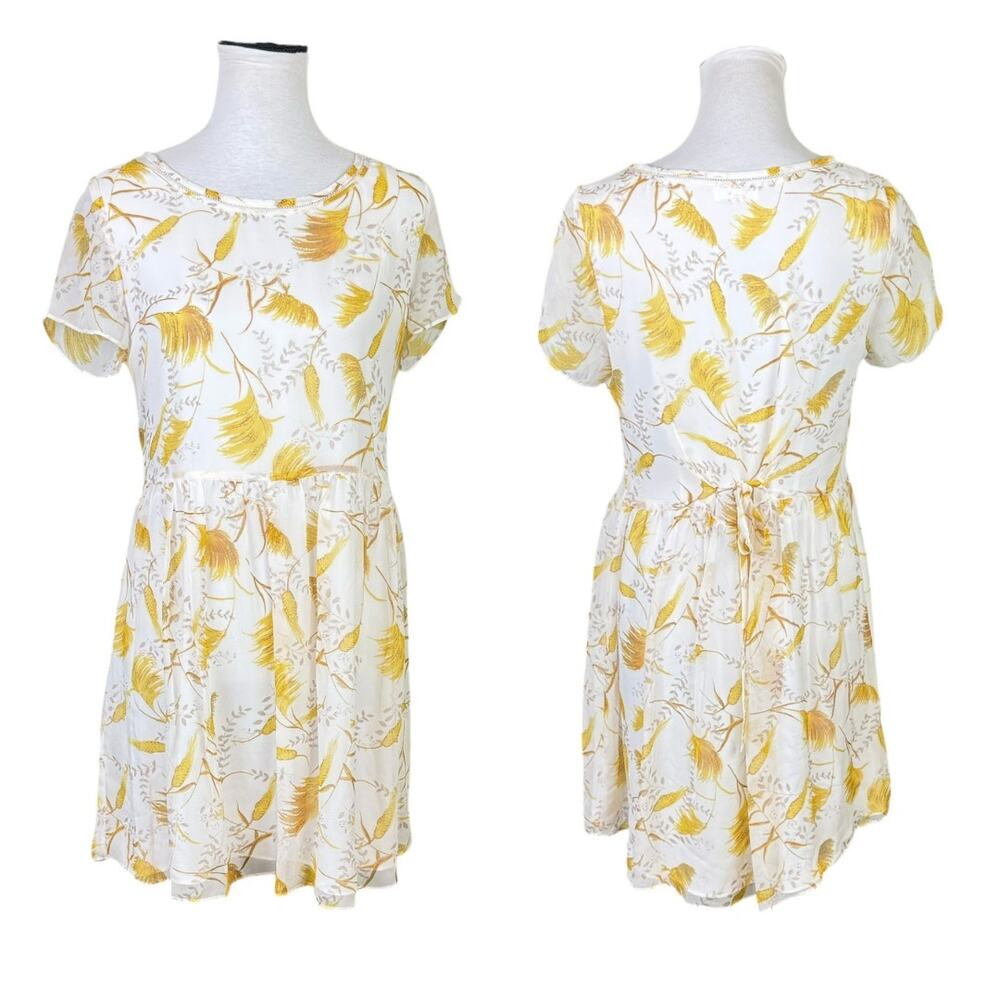 A loves A Gold Yellow Floral Wheat Novelty Print 100% Silk Mini Babydoll Dress - Picture 5 of 13